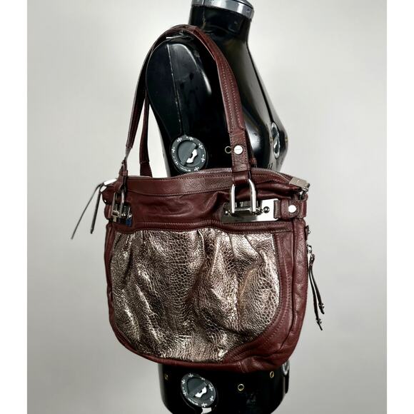 B. Makowsky Women’s Brown/Silver Metallic Leather Shoulder Handbag - Picture 1 of 7